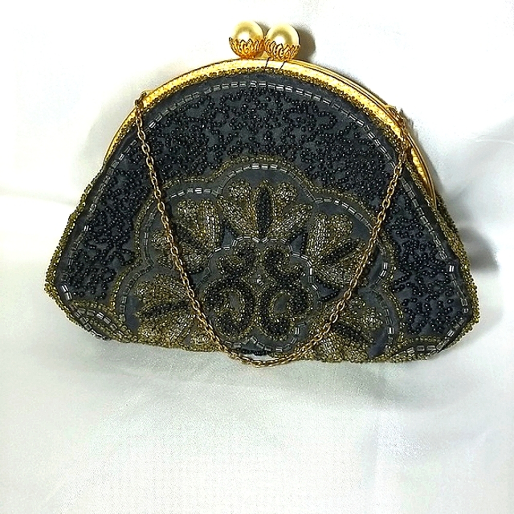 Antique "Birks Made in France" small beaded purse with chain. Black.